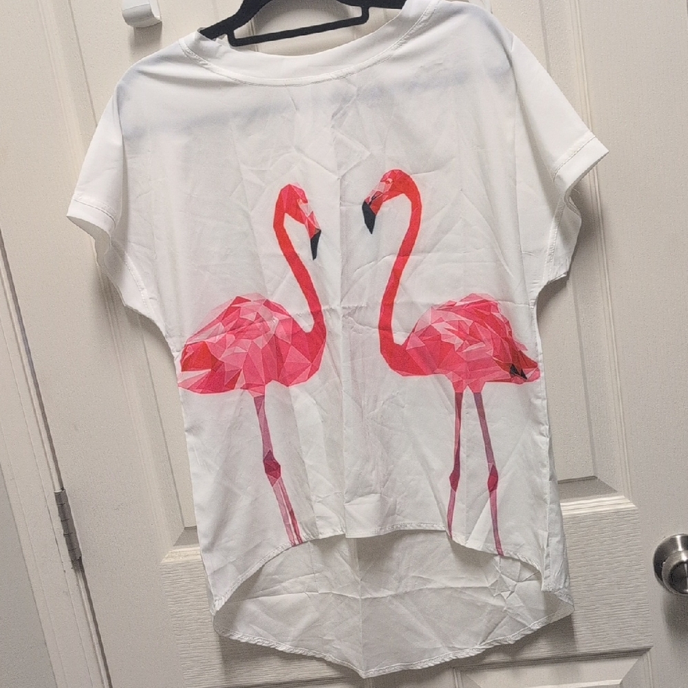 White T-Shirt with Pink Flamingo Print